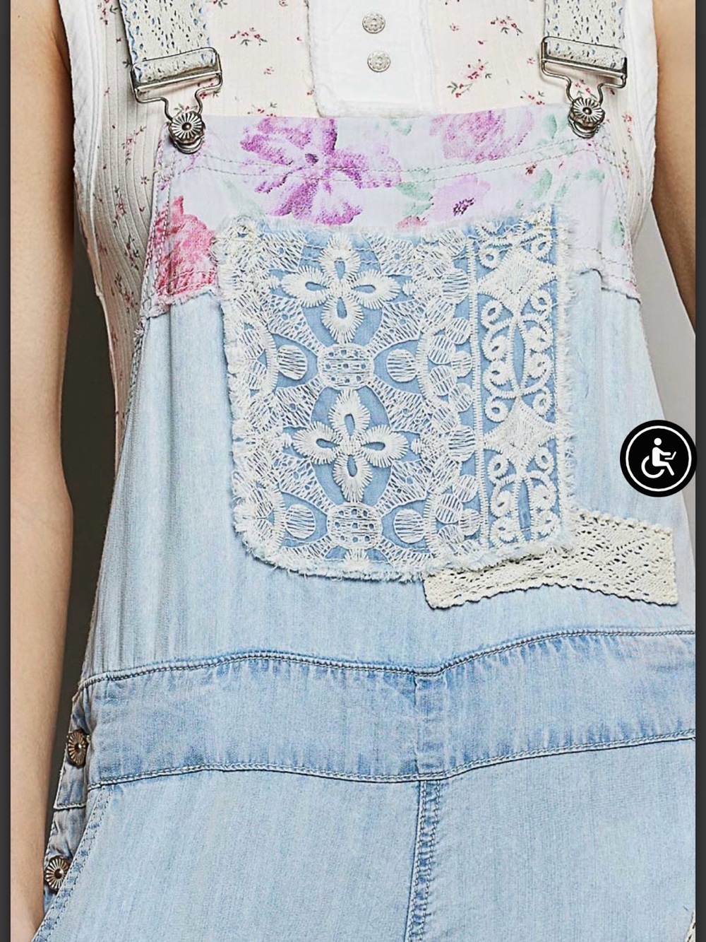 POL Light Blue Denim Patchwork Jumpsuit with Floral Accents - Picture 7 of 8